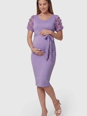 Maternity Sheath Dress with Floral Sleeve Detail - Lavender